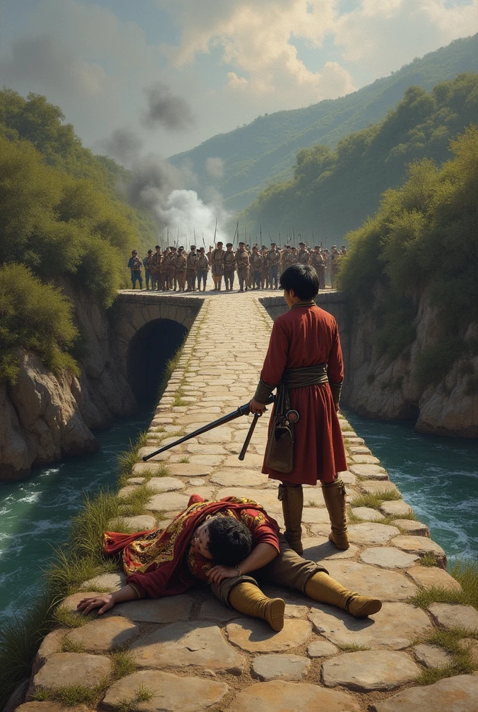 Create the scene of the battle of the bridge of boyacá in which pedro pascasio martinez (He is a peasant boy from Boyaca in the year 1450) capture José María Barreiro