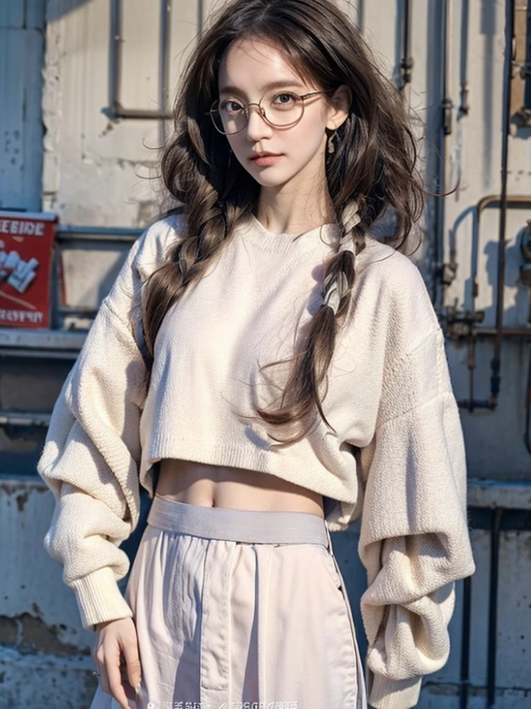 Photo of a beautiful woman standing on a street corner, (masterpiece:1.2, highest quality), (Realistic, photoRealistic:1.4), Beautiful illustrations, (Natural Side Lighting, Cinema Lighting), Written boundary depth, Beautiful thighs staring at the viewer, (((Face Focus, Upper Body))), 1 female, 30-year-old, alone, thin, slender, small breasts!!!, Long Hair, Curly Hair, Forehead, Forehead, Forehead, Forehead, thin, slender, glasses, white sweater, sexy pencil skirt, Are standing, New York 25th Street