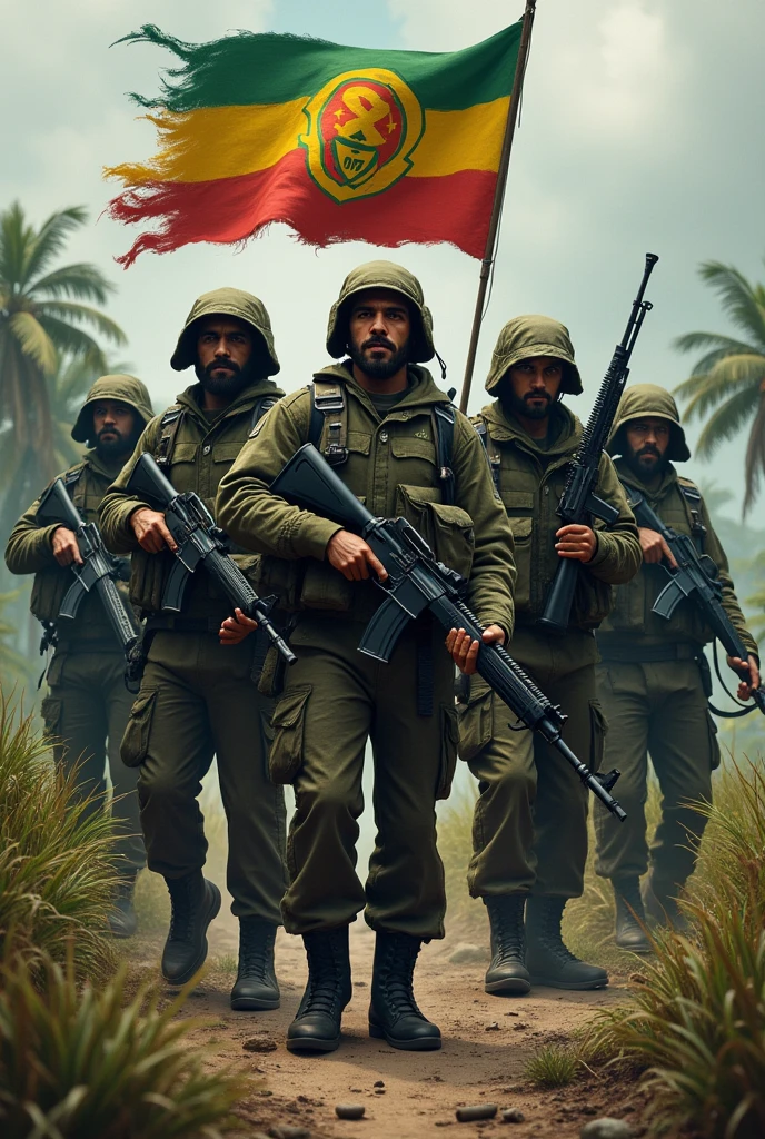 Guerilla fighters with green yellow and red color  logo and flag conservatively named in the middle of the flag write the name FANO, produce their own weapons like sniper,rocket Ak 47 and heavy weapons.
