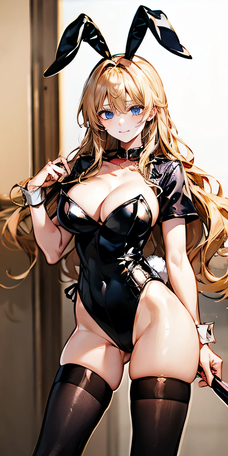 ((highest quality,8K,T Masterpiece:1.3)), sharp focus:1.2,cute woman with perfect shape:1.4,(((((huge cleavage))),( huge breasts:1.5),straight hair,(huge hips),smile,slender abs:1.2,((Beautiful golden hair,:1.4)),Highly detailed face and skin texture,detailed blue eyes,double eyelid, (wear shiny black playboy_bunny leotard:1.3), (collar with chain:1.2), (fake animal ears), (Parted clothes at the top and bottom:1.2), (short sleeves:1.1), (shiny red BunnyGirl Costume:0.8), (thighhigh stockings:1.2), High heels, (rabbit_tail:1.2), blushed, evil smile