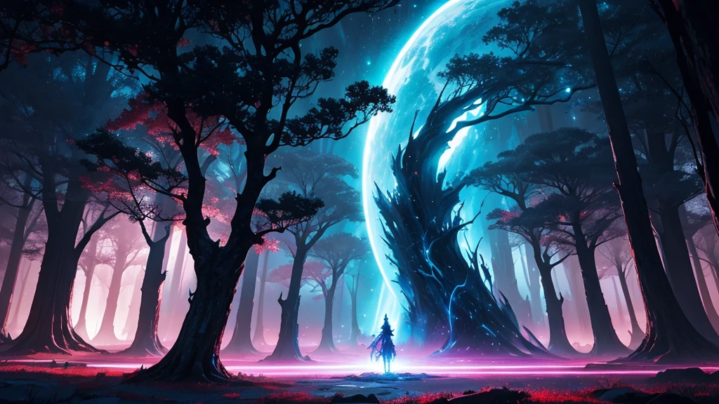  a digital artwork with a fantasy theme. It features a large, dark, leafless tree in the center, with its branches extending across the image. The background is a vibrant mix of colors, primarily blues and reds, creating a cosmic or otherworldly atmosphere. There are bright, glowing areas that resemble stars or magical lights scattered throughout the scene. The left side of the image has vertical, pillar-like structures that add to the mystical feel. The overall composition is dynamic and visually striking, with a sense of depth and movement.