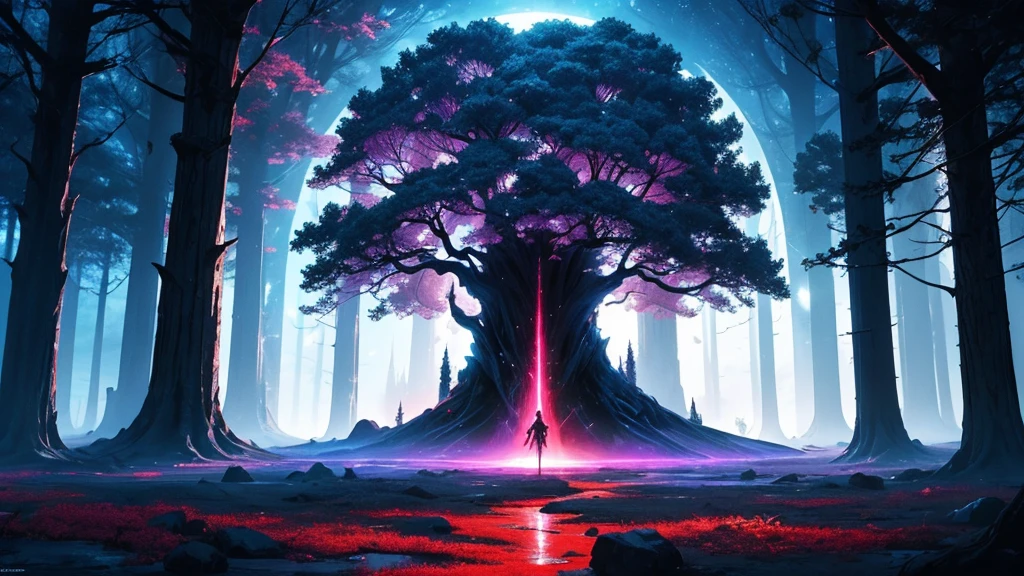 a digital artwork with a fantasy theme. It features a large, dark, leafless tree in the center, with its branches extending across the image. The background is a vibrant mix of colors, primarily blues and reds, creating a cosmic or otherworldly atmosphere. There are bright, glowing areas that resemble stars or magical lights scattered throughout the scene. The left side of the image has vertical, pillar-like structures that add to the mystical feel. The overall composition is dynamic and visually striking, with a sense of depth and movement.