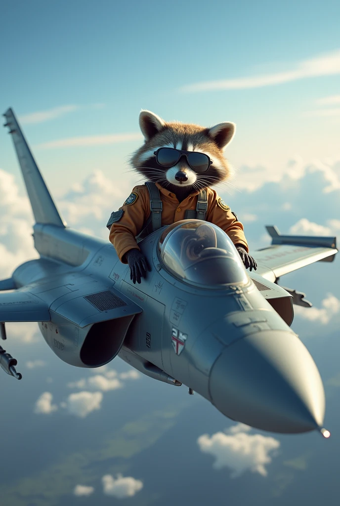 Raccoon flying a jet, with sunglasses, military suit 