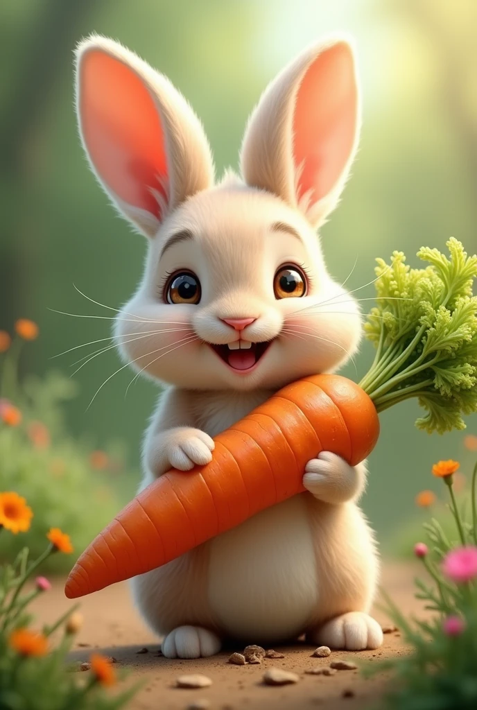 Cute rabbit with a carrot in hand