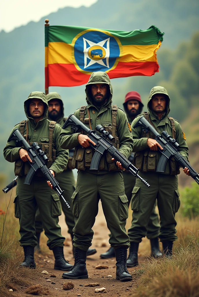 Guerilla fighters with green yellow and red color logo and flag conservatively named in the middle of the flag write the name FANO, produce their own weapons like sniper,rocket Ak 47 and heavy weapons.
