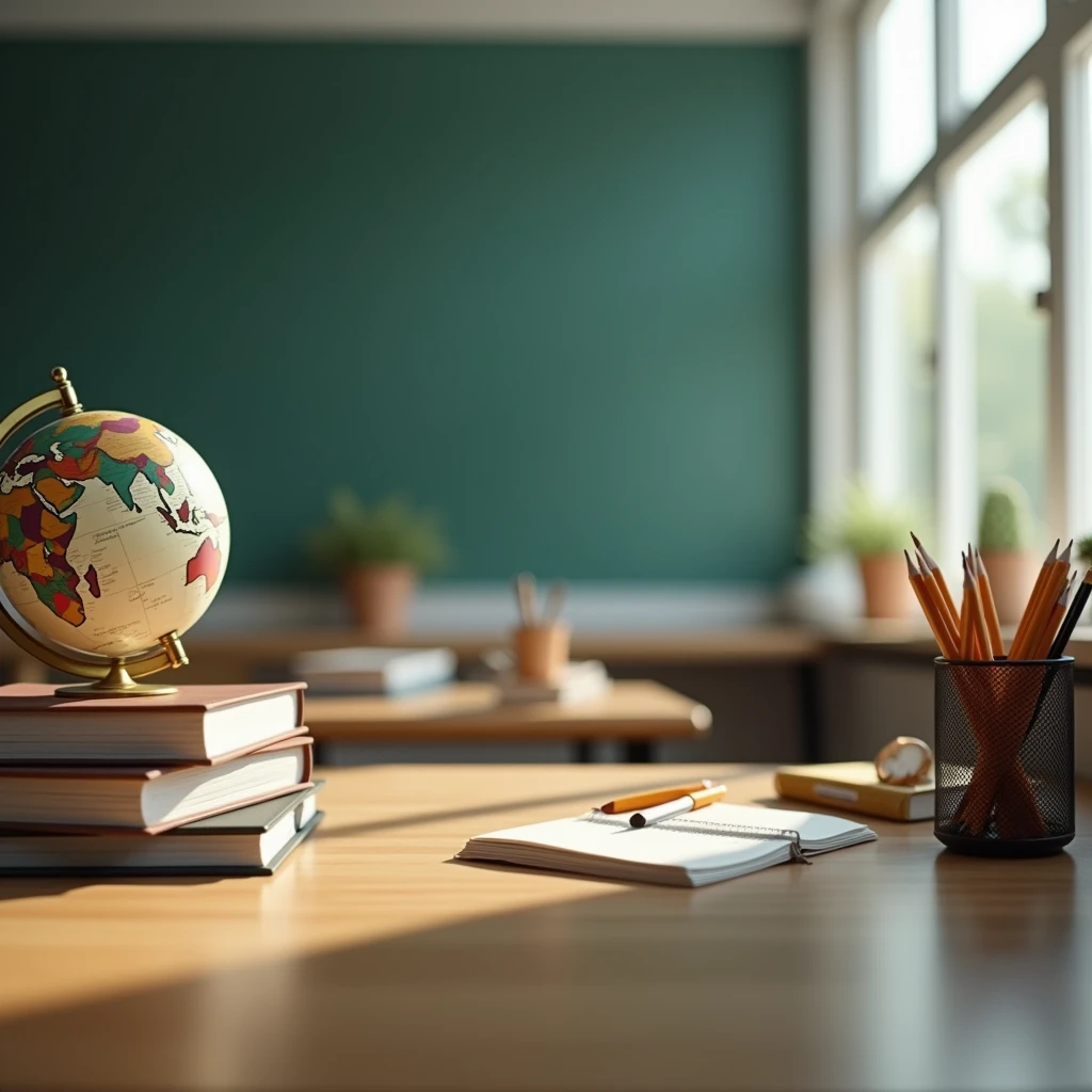 Back to School themed background with a neatly organized desk, stacked books, globe and pencil holder on a soft blurred classroom background. Best Quality, Masterpiece, Ultra High Definition,