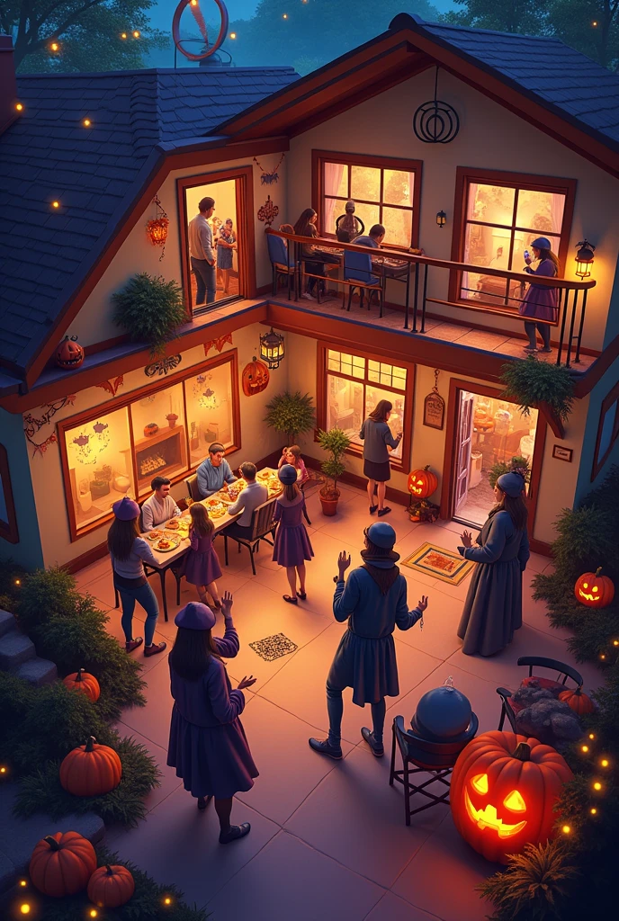 A Halloween party venue with people inside a house, with people in costume 