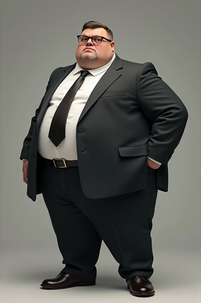 A fat man of 6 feet height , body facing right and face is towards left little wearing buisness suit and wearing black Google . The man should be 24 - 30 years old