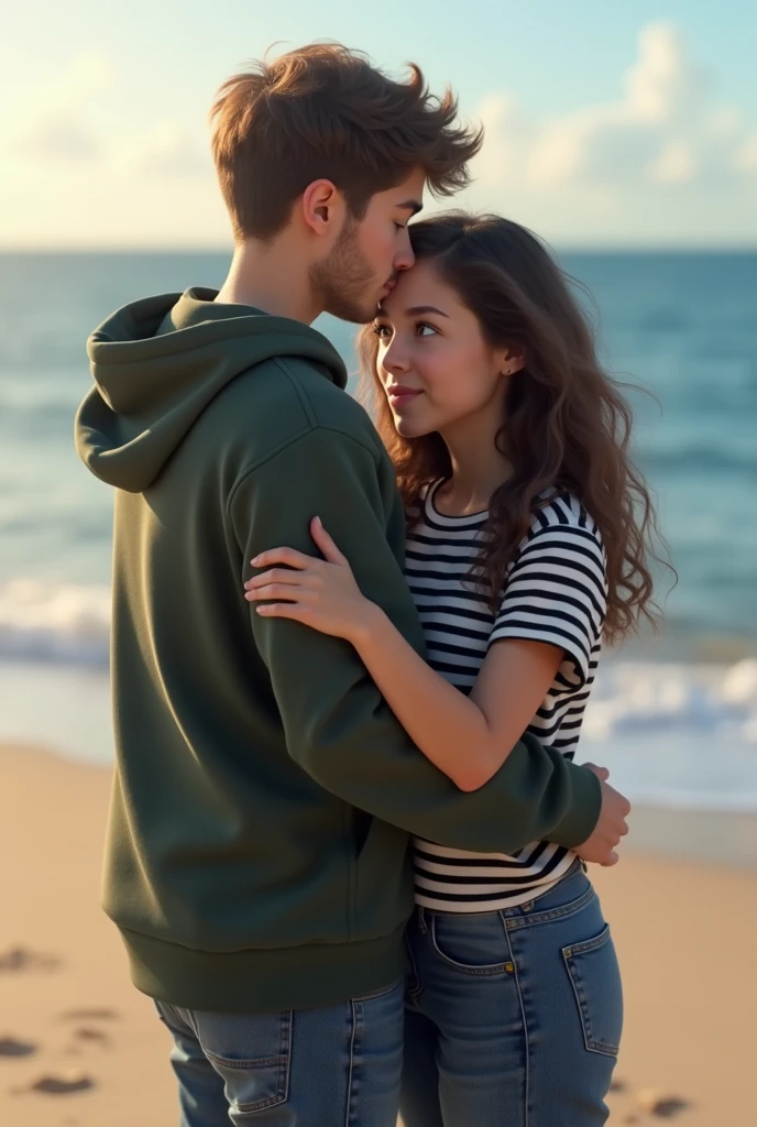 A ager girl horizontally who wears a black and white colour horizontal line t shirt hugging A teen boy who wears a dark green colour hoodie and blue colour denim pant with little bit of beard in beach side to convince him
