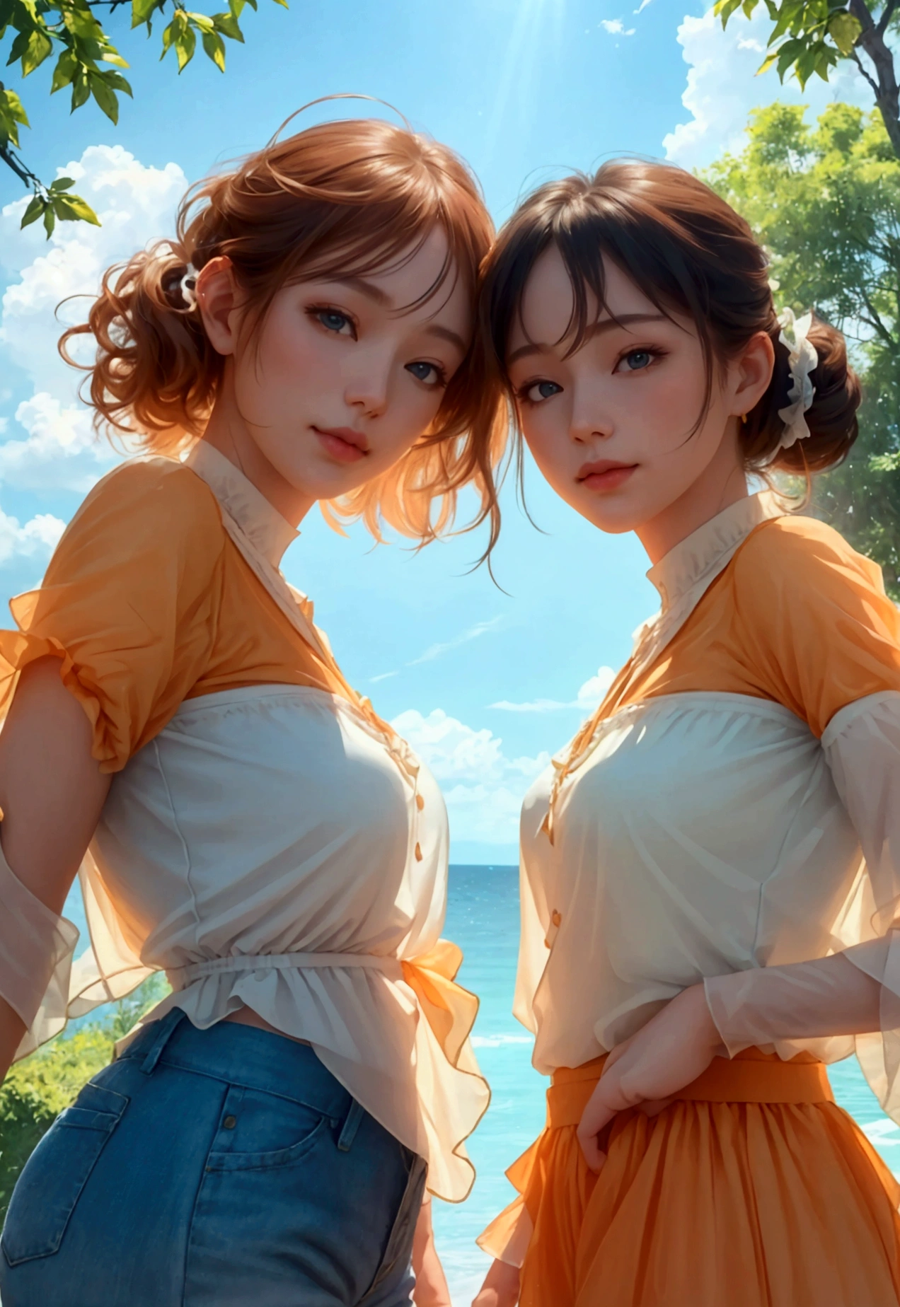 Take a selfie, Fashionista_Summer fashion with a mix of pastel orange and white colors, through a vast and beautiful landscape , Surrounded by lush nature, Extreme low angle butt up shot from below_see the view, shining smile, delicate details, brown short hair_ponytail style, pale skin, (best quality, 4K, 8k, high resolution, masterpiece: 1.2), very detailed, (realistic: 1.37), official art, amazing, serene, inspirational, dramatic lighting, forest, (sunny day_blue sky, Clumping clouds), natural beauty,