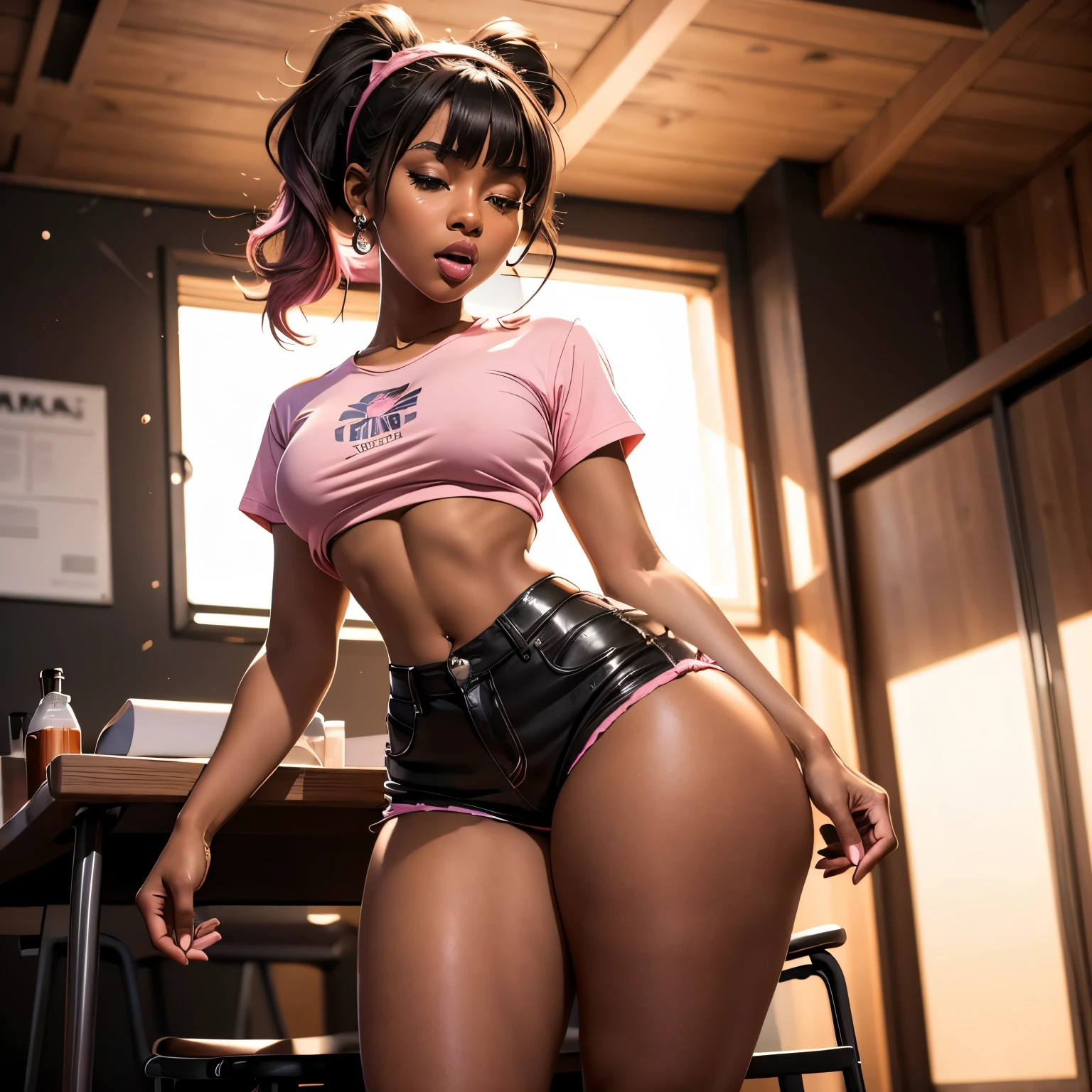 work of art, high quality, ebony girl, high resolution, volumetric lighting, underground dispersal, 8k, beautiful woman, (dark skin), Filipino, college student, 's uniform, (big-ass), breasts big, (pink tub top shirt), (cotton shorts:1.2), Wavy hair, pony tail, bangs, headband, hoop earnings, class room, pose sexy, seductively pose, 3/4 shot, cowboy shot, ((slim thick body:1.1)), thick thighs, round-butt, open mouth, big lips, screaming, orgasm, night time, eyes closed