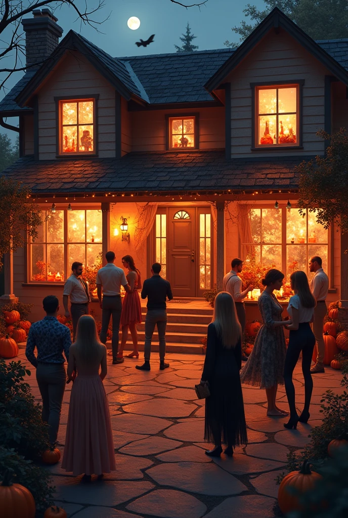 A Halloween party venue with people inside a house