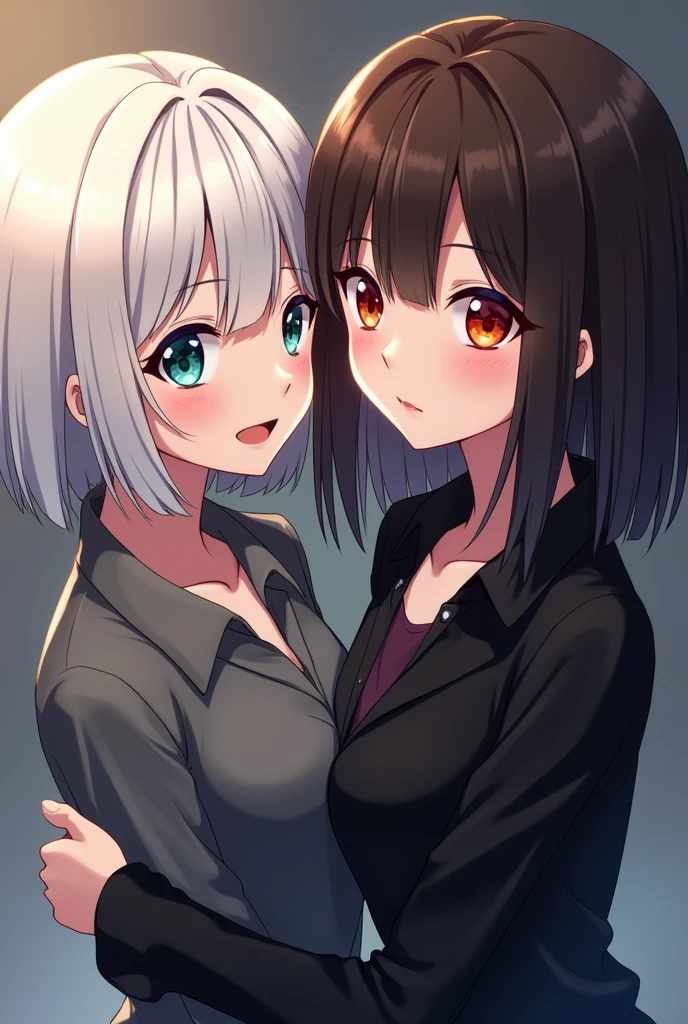 Two women hugging each other.
Woman 1: anime style, young adult woman, with the right eye blue and the left eye green, short white hair.
Woman 2: anime style,young adult woman, with the right eye red and the left eye yellow, narrow eyes, long hair and straight dark brown bangs, black elegant clothes.