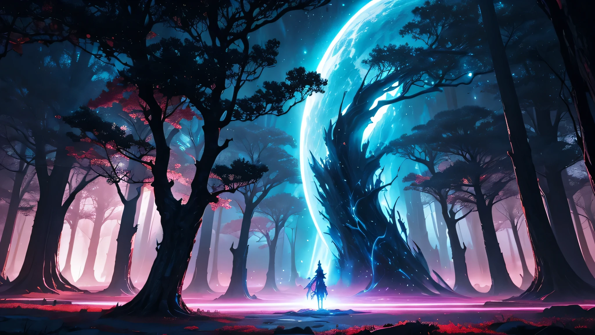 a digital artwork with a fantasy theme. It features a large, dark, leafless tree in the center, with its branches extending across the image. The background is a vibrant mix of colors, primarily blues and reds, creating a cosmic or otherworldly atmosphere. There are bright, glowing areas that resemble stars or magical lights scattered throughout the scene. The left side of the image has vertical, pillar-like structures that add to the mystical feel. The overall composition is dynamic and visually striking, with a sense of depth and movement.