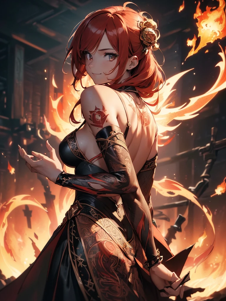 (((best quality, sharp image, clear image, cinematic lighting, 8k resolution, masterpiece, ultra detailed, intricate))) Girl, (((looking over left shoulder))), (shot from behind), fire mage, ((intricate background)), ((chaotic background)), red hair, smiling, ((flame runes, flame sigils)), (tatoo on back), slim figure, flying sigils, long dress