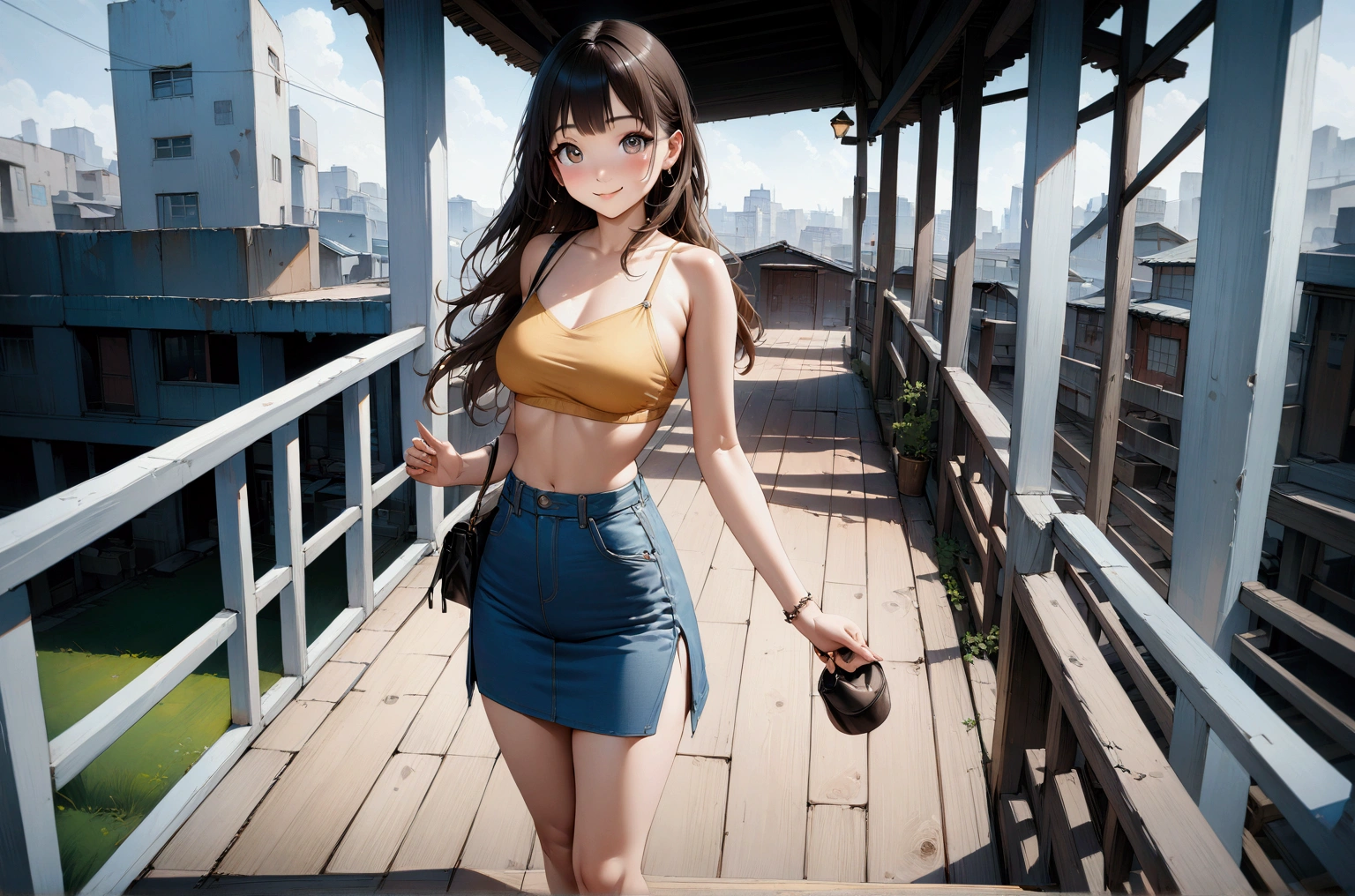 realistic anime illustration of adorable asian young woman is smiling and posing, she wears denim skort, (1girl, solo, full body), (masterpiece, best quality, japanese anime style), (expressive eyes, perfect face, perfect anatomy)