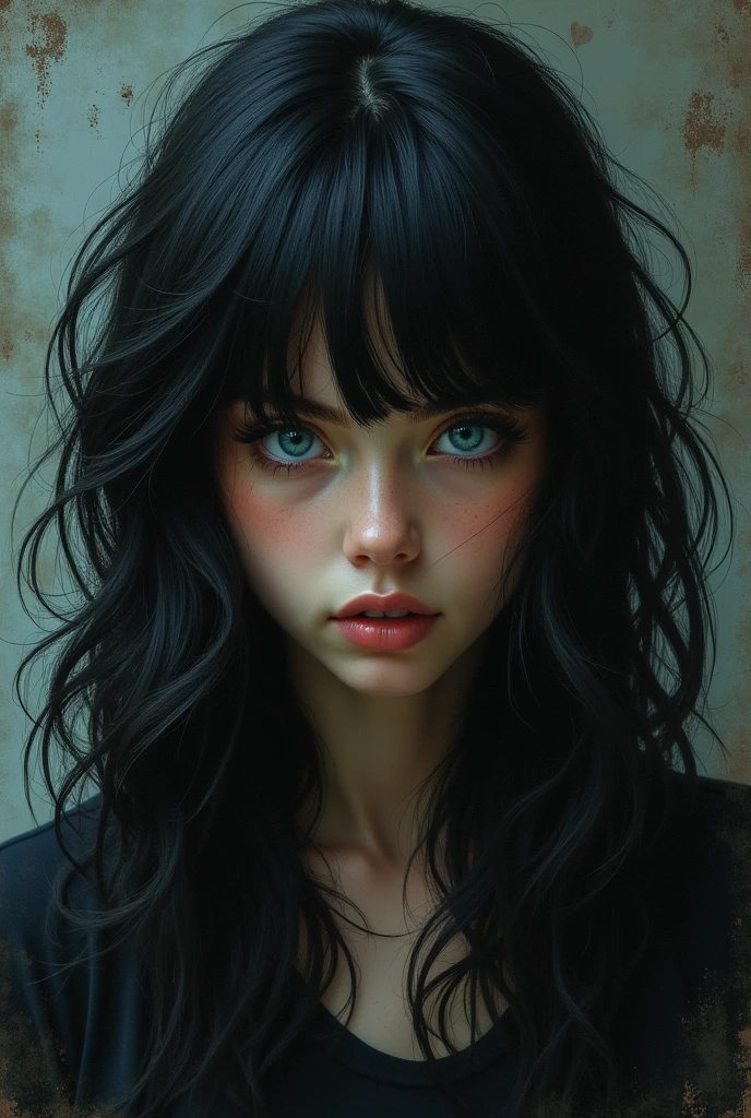 (a blue-eyed girl with black hair, no bangs, grunge)