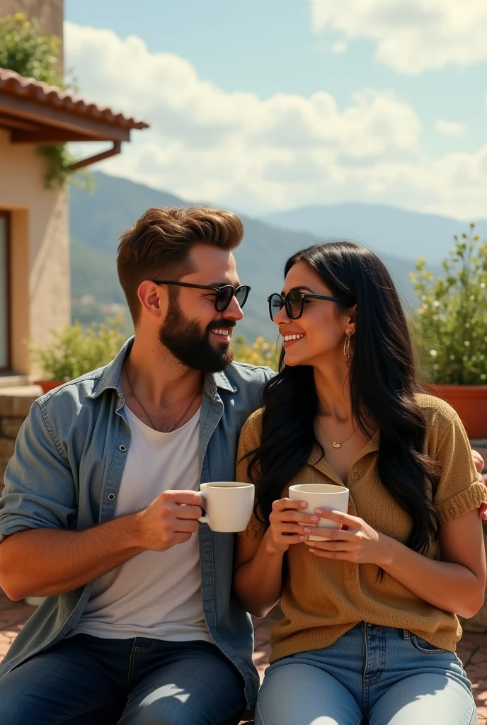 Create a picture of a young couple. 

The man is muscular and has a full beard. He has dark blonde, short hairs. 

The woman has long black hair and wears large designer glasses. 

The couple sits on a roof terrace in Puglia. Both drink coffee from a cup. 