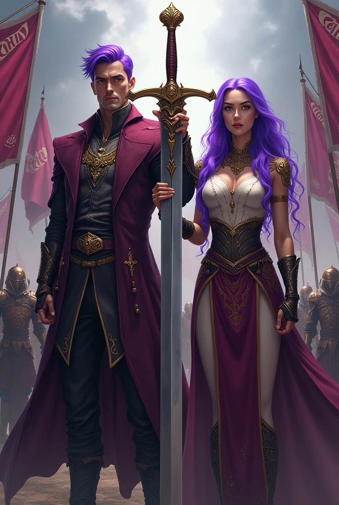 A man and a woman with purple hair leading a guild, holding a sword in the shape of his guild's flag with the word Plunderes in his hands and behind him his army of warriors with the flag with the word Plunderes