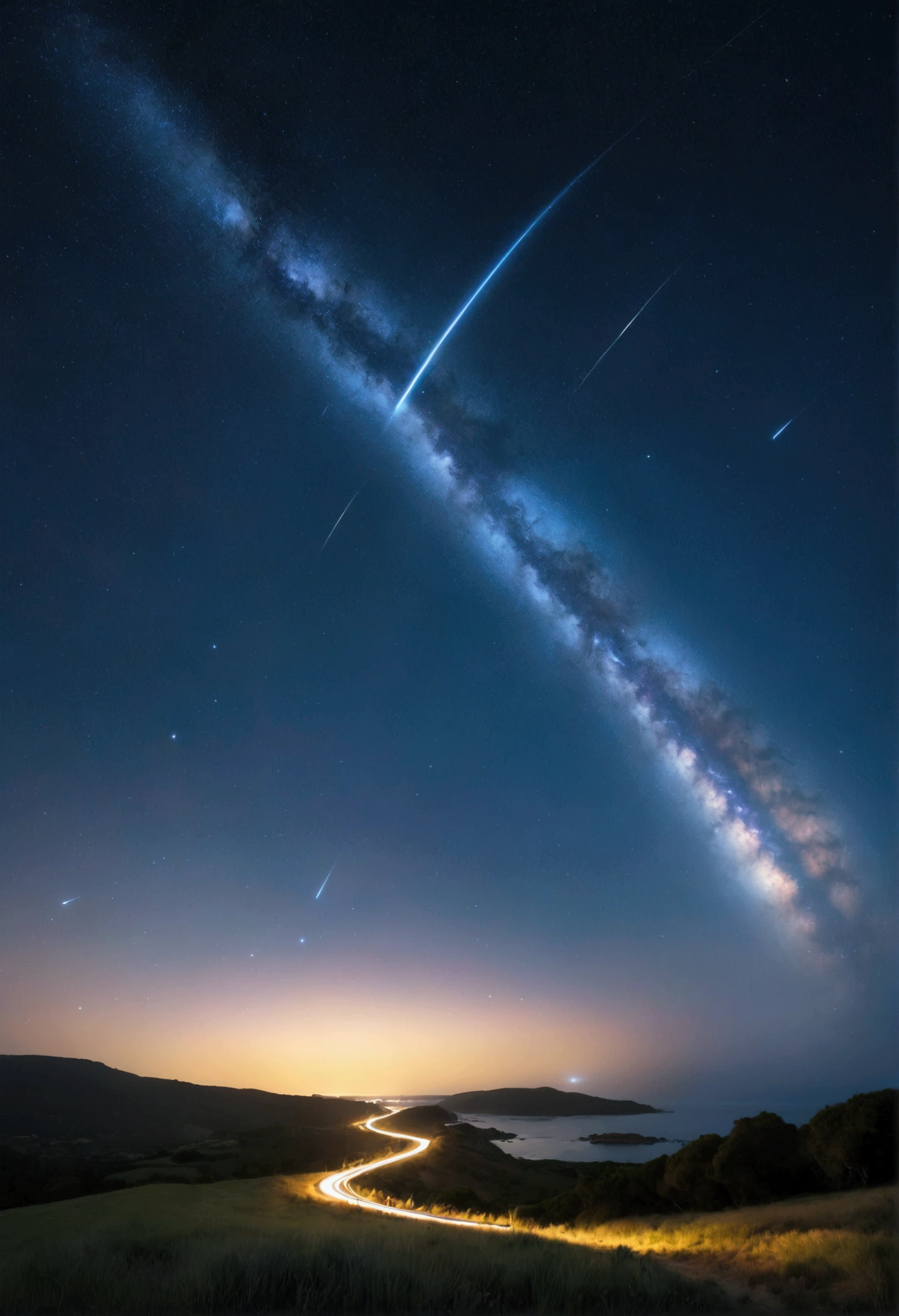 Capture the moment when a shooting star streaks across the night sky, creating a bright beam of light. Use a combination of high-speed shutter and long-term exposure to record the trajectory of shooting stars. Beautiful cinematic lighting, surreal, RAW photo, color graded, dynamic movement, captivating chiaroscuro, award-winning, cinematic still, emotional, vignette, dynamic, vivid, (masterpiece, best quality, photorealistic, Professional, perfect composition, very aesthetic, absurdres, ultra-detailed, intricate details:1.3)