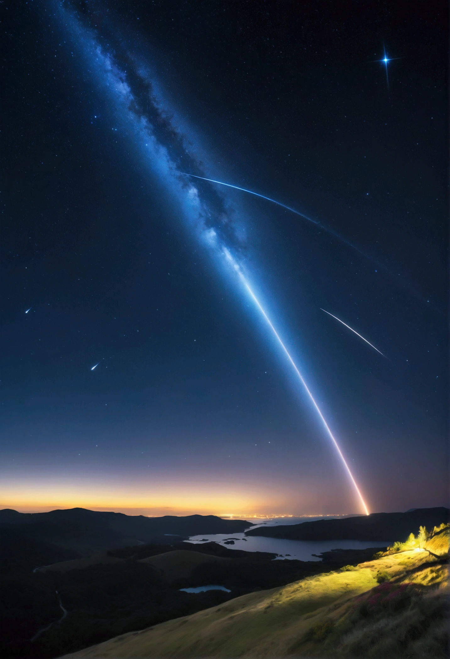 Capture the moment when a shooting star streaks across the night sky, creating a bright beam of light. Use a combination of high-speed shutter and long-term exposure to record the trajectory of shooting stars. Beautiful cinematic lighting, surreal, RAW photo, color graded, dynamic movement, captivating chiaroscuro, award-winning, cinematic still, emotional, vignette, dynamic, vivid, (masterpiece, best quality, photorealistic, Professional, perfect composition, very aesthetic, absurdres, ultra-detailed, intricate details:1.3)
