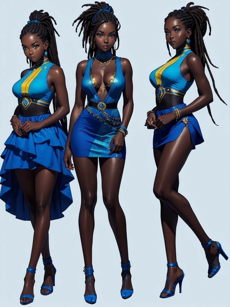 ((best quality)), ((4k)), ((highres)), ((masterpiece:1.2)). ((detailed)), ((ultra realistic)), ((intricate details)), ((full body picture)), ((character design sheet)), ((blank background)), a full body picture of a beautifull ebony female, young black woman, african princess, african model, perfect face, gorgeous face, detailed eyes, detailed lips, ((vivid blue eyes)), about 20 years old, about 5'5 ft. tall, long thin dreadlocks, ((emphasis on her long thin dreadlocks)), dreadlock beads ((emphasis on her dreadlock beads)), athletic body, dressed in a sleeveless blue tank top and a floaty blue mini skirt ((emphasis on her sleeveless blue tank top and a floaty blue mini skirt)), midriff, dark blue and light blue outfit, ((emphasis on dark blue and light blue outfit)), multi-colored outfit, ((emphasis on multi-colored outfit)), multiple shades of blue dress, ((emphasis on her multiple shades of blue dress)), turquoise outfit, princess, african sea goddess character concept, superhero character, superhero concept art, superhero character concept art, full body, full body concept art, full body art, splashes of water in the background