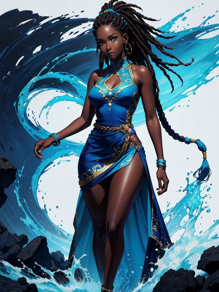 ((best quality)), ((4k)), ((highres)), ((masterpiece:1.2)). ((detailed)), ((ultra realistic)), ((intricate details)), ((full body picture)), ((character design sheet)), ((blank background)), a full body picture of a beautifull ebony female, young black woman, african princess, african model, perfect face, gorgeous face, detailed eyes, detailed lips, ((vivid blue eyes)), about 20 years old, about 5'5 ft. tall, long thin dreadlocks, ((emphasis on her long thin dreadlocks)), dreadlock beads ((emphasis on her dreadlock beads)), athletic body, dressed in a sleeveless blue tank top and a floaty blue mini skirt ((emphasis on her sleeveless blue tank top and a floaty blue mini skirt)), midriff, dark blue and light blue outfit, ((emphasis on dark blue and light blue outfit)), multi-colored outfit, ((emphasis on multi-colored outfit)), multiple shades of blue dress, ((emphasis on her multiple shades of blue dress)), turquoise outfit, princess, african sea goddess character concept, superhero character, superhero concept art, superhero character concept art, full body, full body concept art, full body art, splashes of water in the background