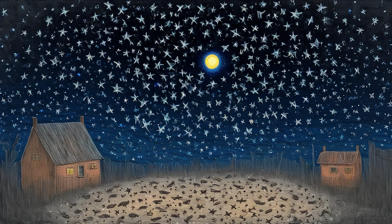 An delicate night in a sieve, sows stars in the night sky, ((Michail Vrudel style)), magic naive art, primitivism, protogen, , ((best quality, Masterpiece)), ((Highest detail)), RAW:1,1, 8k