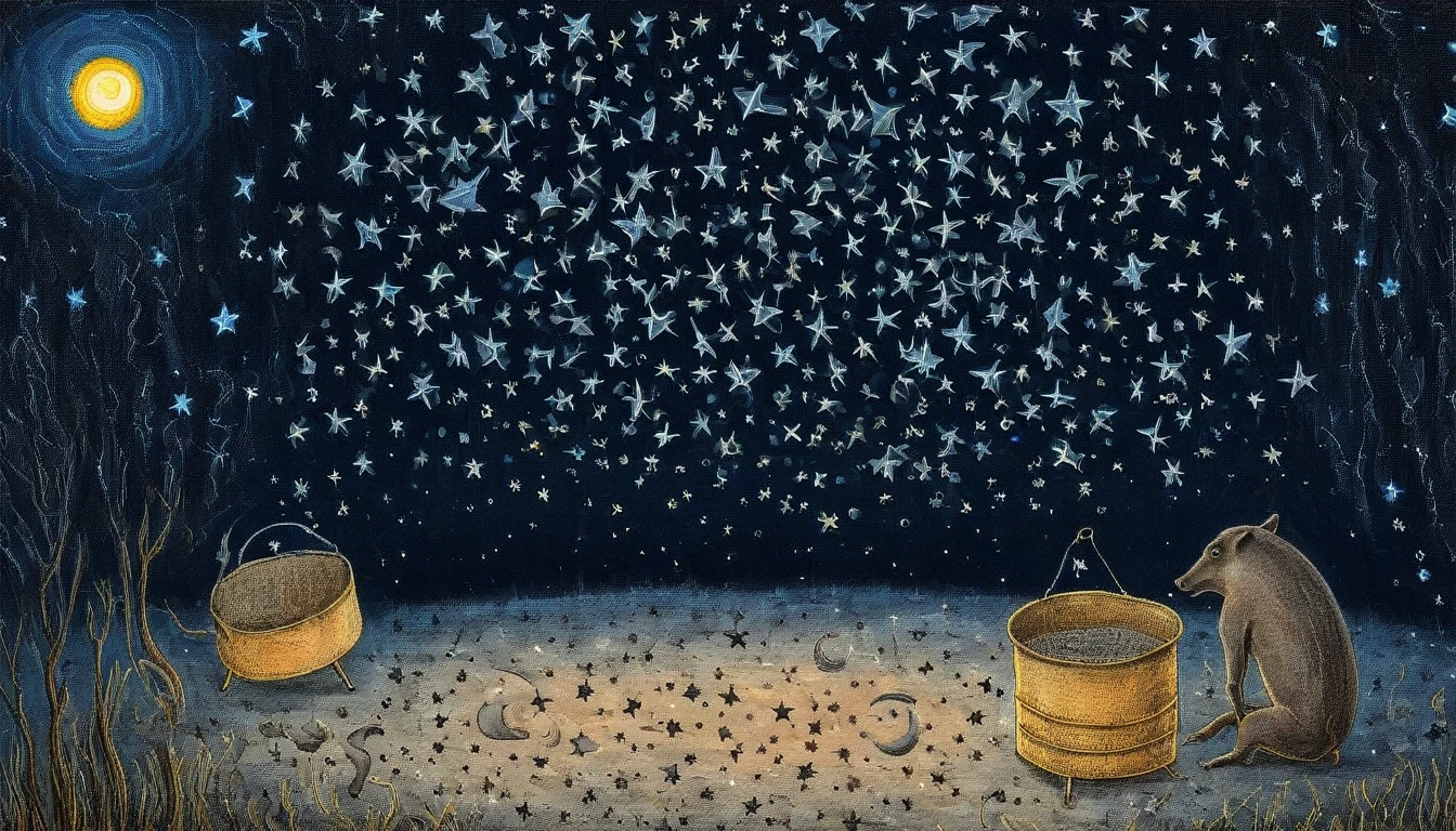 An delicate night in a sieve, sows stars in the night sky, ((Michail Vrudel style)), magic naive art, primitivism, protogen, , ((best quality, Masterpiece)), ((Highest detail)), RAW:1,1, 8k