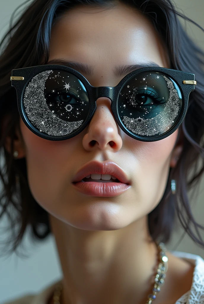 The model is wearing glass sunglasses with stars and the moon on the glass photorealism,epicRealism
