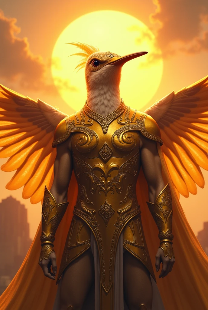 (Close-up of a powerful hummingbird:1.5), (Facing forward, wearing intricate golden armor:1.3), (Majestic and strong, standing alone:1.2), (Epic sunset background:1.1), (Radiant light around the hummingbird:1.2), (Symbolic landscape reflecting strength, unity, and determination:1.0)
