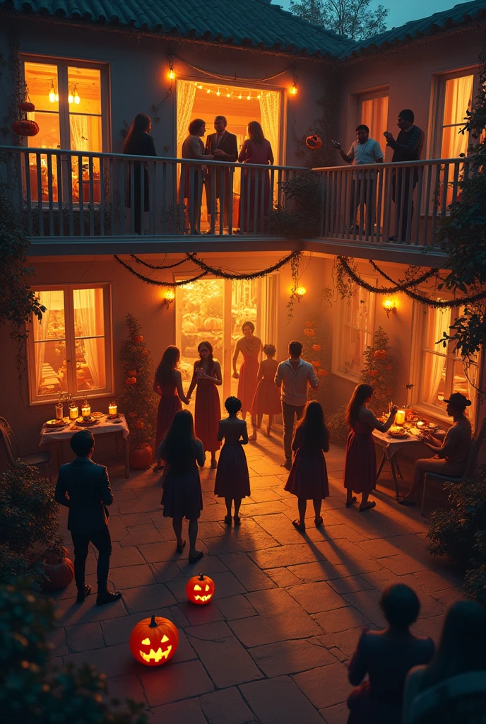 A Halloween party venue with people inside a house
