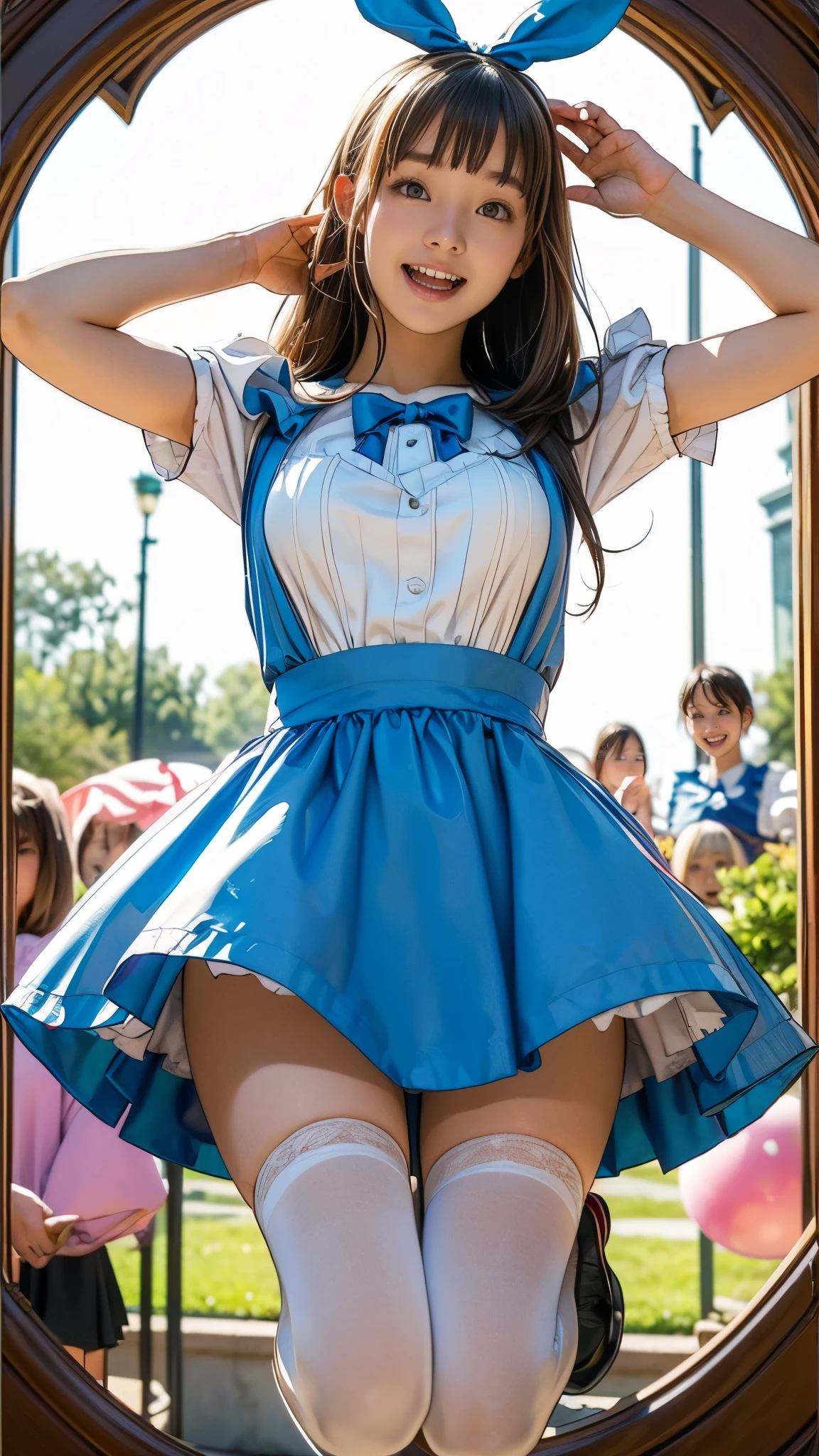 13 year old nerd girl、(Alice in Wonderland Cosplay:1.3、Very light clothing:1.3)、Droopy eyes:1.4、Big round eyes、Joy、Active pose、(Raise your arms and jump)、Very thin thighs、Outdoors