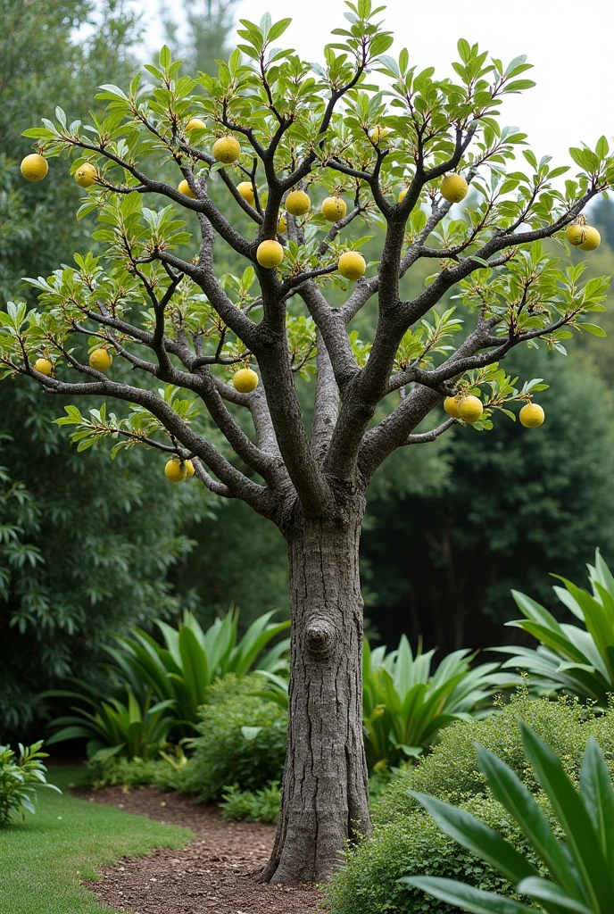 Rejuvenation pruning on a feijoa tree where only the cut branches are without any leaves, flowers or fruit, but with the cut branches only leaving the trunk
