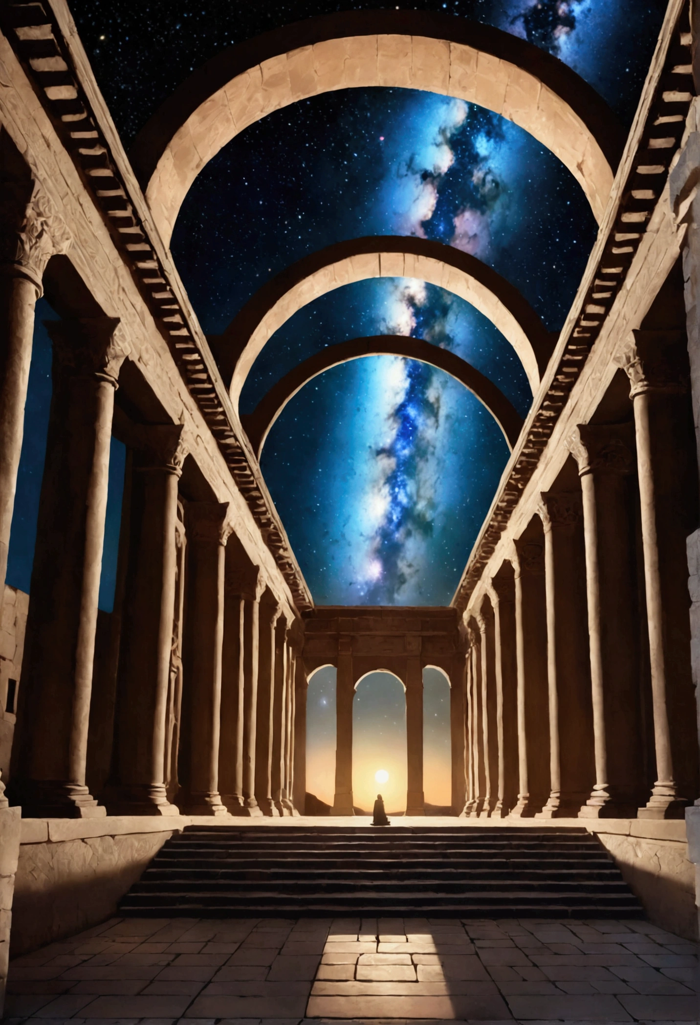 Description: Ancient buildings appear solemn and mysterious under the starry sky. Using appropriate composition to combine ancient architecture with the starry sky, showcasing the passage of time and the eternity of the universe. Beautiful cinematic lighting, surreal, RAW photo, color graded, dynamic movement, captivating chiaroscuro, award-winning, cinematic still, emotional, vignette, dynamic, vivid, (masterpiece, best quality, photorealistic, Professional, perfect composition, very aesthetic, absurdres, ultra-detailed, intricate details:1.3)