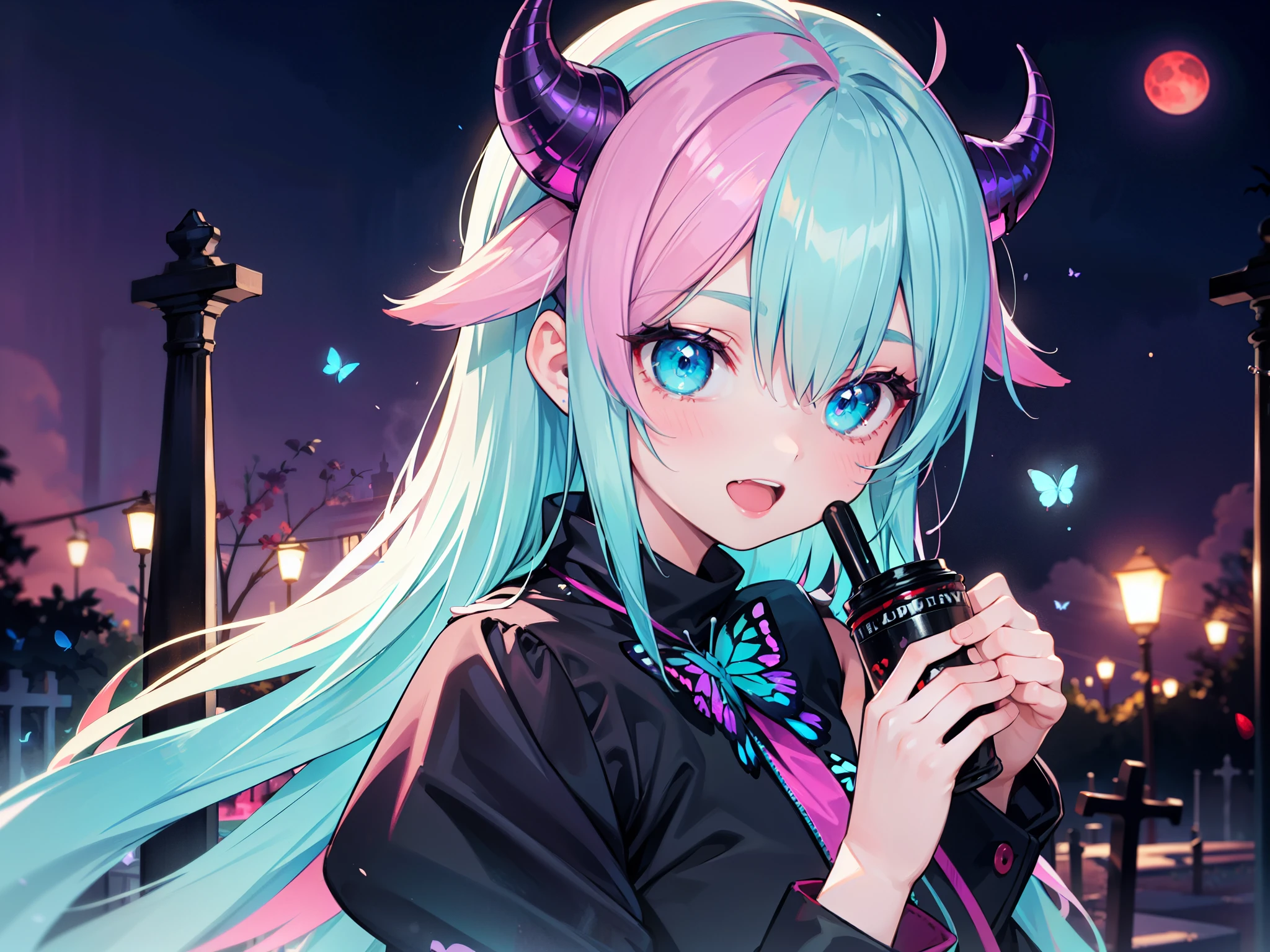 1girl, realistic anime, 8k, cinematic, dramatic, halloween theme, costume, devil horns, rainbows in background, creepy-cute vibes,(aqua-green hair:1.1),(gradient hair),(pink tips), blue glow horns, blue horn, coolor blue, holiday, pink gradient hair to bright blue, (butterfly), demonic butterflies flying, red butterfly, bright glowing horns, cute, happy expression, open mouth, evil laugh, yandere, kawaii cutesy, glowing red moon in the background, cemetery, old buildings, cinematic bg, concept art