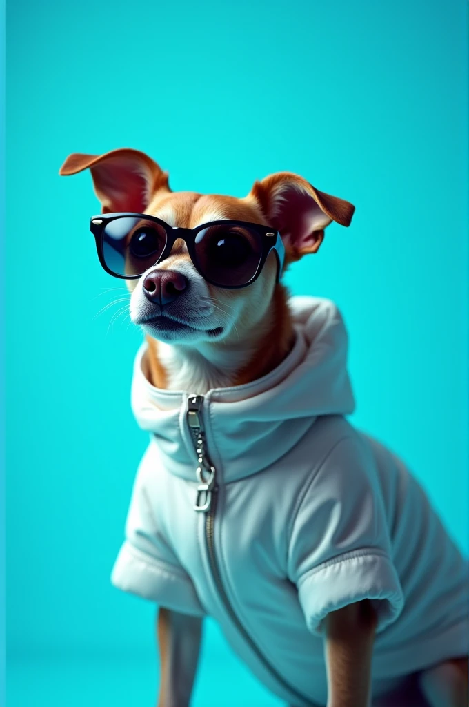 The best cell phone wallpaper, Award-Winning Wallpaper, portrait photography, In the front view is a portrait of a cute dog wearing mid-1960s space age fashion, Side view photo, Shot with Canon EOS R5, Set a strong contrast that accentuates the subject, Fluorescent blue tone, Wearing a very modern coat and sunglasses is a modern 1960s style, Clothes all in one color, beautiful background