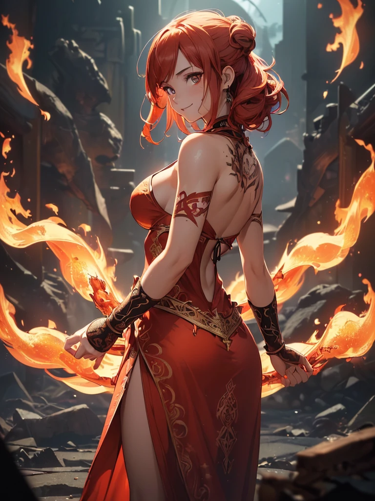 (((best quality, sharp image, clear image, cinematic lighting, 8k resolution, masterpiece, ultra detailed, intricate))) Girl, (((looking over left shoulder))), (shot from behind), fire mage, ((intricate background)), ((chaotic background)), red hair, smiling, ((flame runes, flame sigils)), (tatoo on back), slim figure, flying sigils, long dress