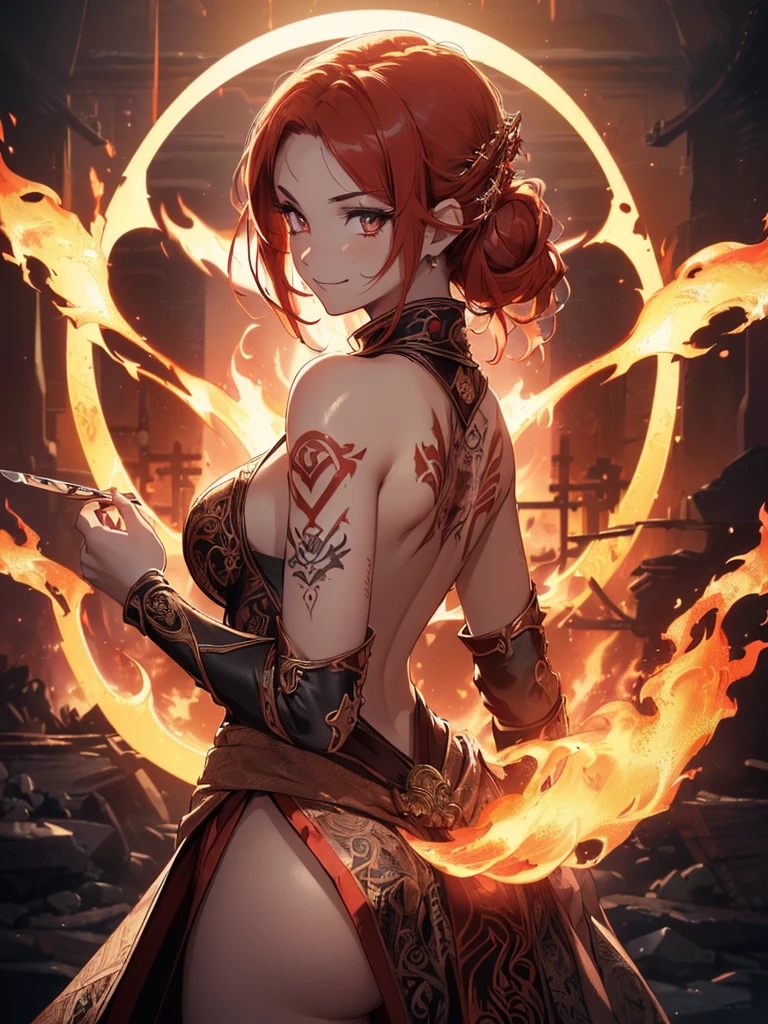 (((best quality, sharp image, clear image, cinematic lighting, 8k resolution, masterpiece, ultra detailed, intricate))) Girl, (((looking over left shoulder))), (shot from behind), fire mage, ((intricate background)), ((chaotic background)), red hair, smiling, ((flame runes, flame sigils)), (tatoo on back), slim figure, flying sigils, long dress