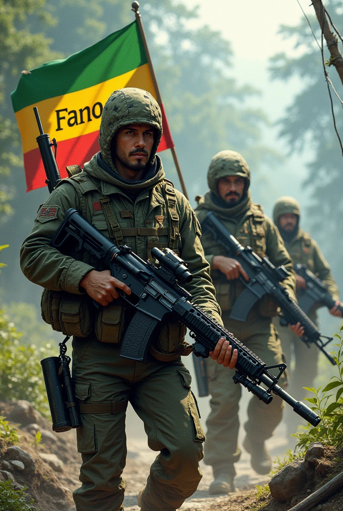 Guerilla fighters with green yellow and red color  logo and flag conservatively named in the middle of the flag write the name FANO,those guerrilla fighters scientists produce their own weapons like sniper,rocket Ak 47 and heavy weapons.