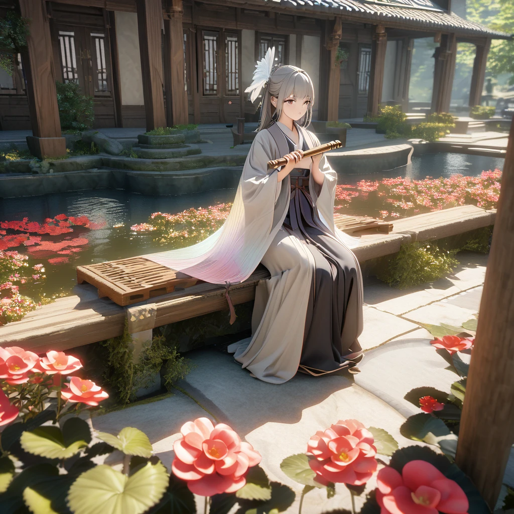 Second Dimension, Ancient style, Spring Garden, Outdoor, Gray Hair, Hanfu, nature, There is a pond in the middle of the courtyard, Begonia floating in the pond, sitting on a bench in the hallway, Wearing a transparent feather robe, Holding a bamboo flute, Random posture, Intricate details, Highest quality, Ray Tracing, rendering, 8k, masterpiece