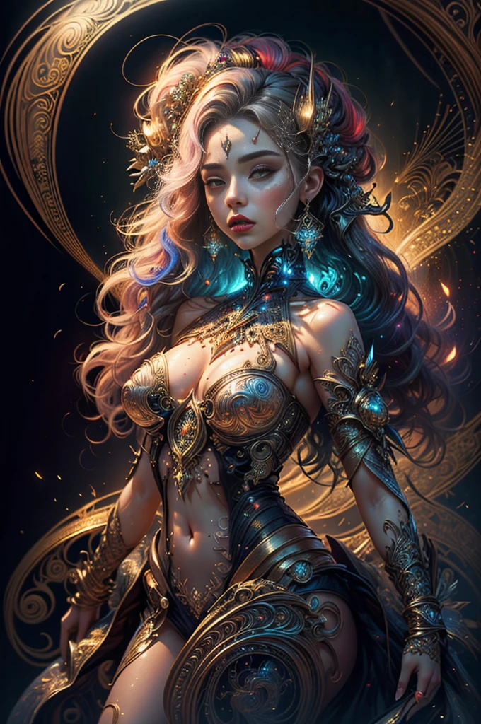 fire, wavy, symmetrical design, colorful design, Paisley design, magic design, (masterpiece, top quality, Best quality, official art, beautiful and aesthetically pleasing:1.2), extremely detailed, (fractal art:1.3), confuse, colorful , magic, cinematic light, Erotic, Erotic pose,