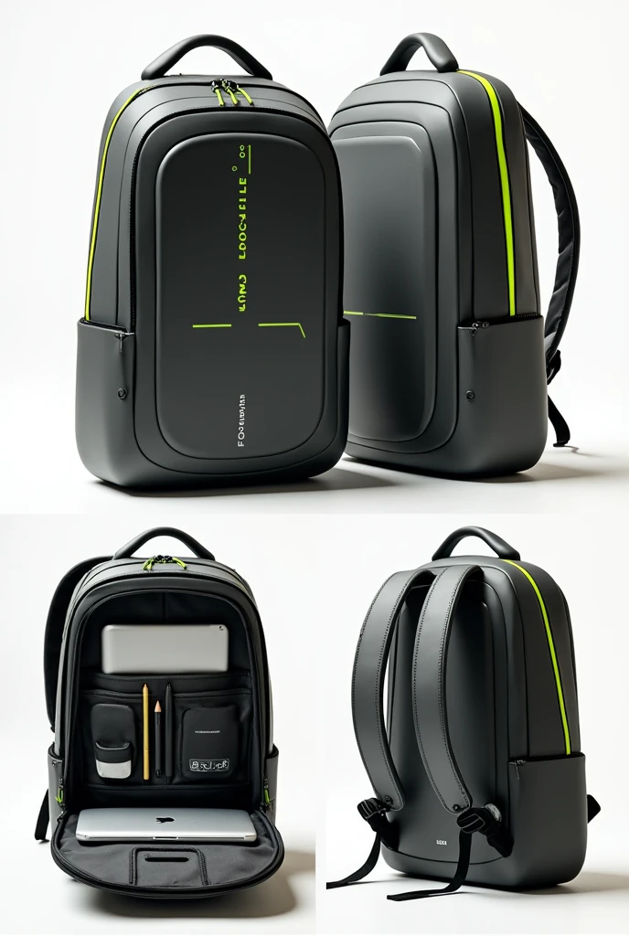 
“Create a three-image collage showing only the inside of a dark gray tech backpack with neon green trim and detailing.. The backpack should not have side pockets. The interior should focus on details, including a spacious compartment for a laptop, an area for pencils and other accessories. The background of the collage must be white. Make sure the name &#39;EcoTech Pack&#39; is clearly visible in the collage.”
