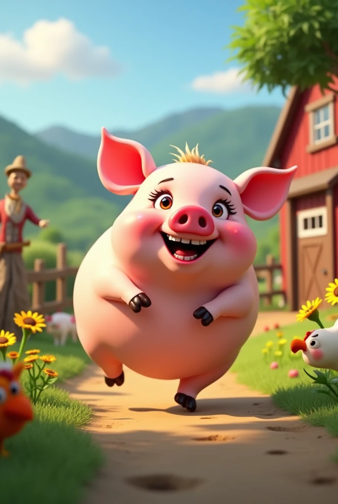 Fat pig runs happily around the farm with a lot of makeup in Pixar style 