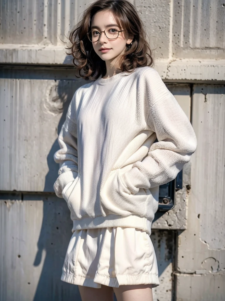 Photo of a beautiful woman standing on a street corner, (masterpiece:1.2, highest quality), (Realistic, photoRealistic:1.4), Beautiful illustrations, (Natural Side Lighting, Cinema Lighting), Written boundary depth, Beautiful thighs staring at the viewer, (((Face Focus, Upper Body))), 1 female, 30-year-old, alone, thin, slender, small breasts!!!, Short Hair, Curly Hair, Forehead, Forehead, Forehead, Forehead, thin, slender, glasses, white sweater, sexy pencil skirt, Are standing, New York 25th Street