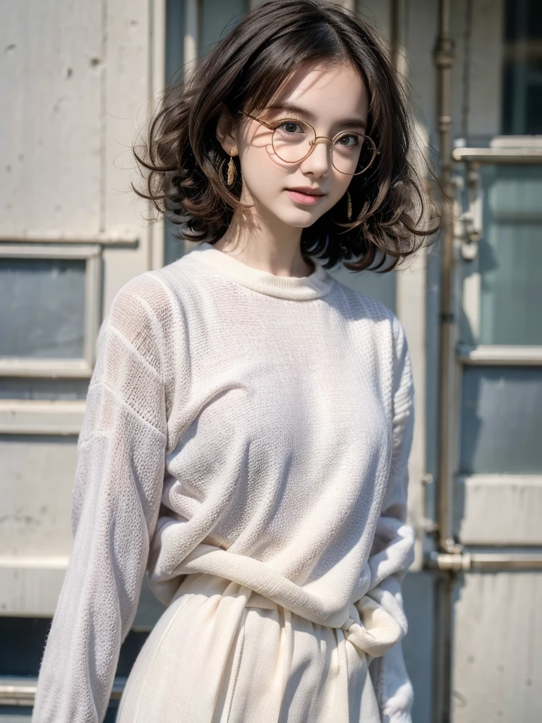 Photo of a beautiful woman standing on a street corner, (masterpiece:1.2, highest quality), (Realistic, photoRealistic:1.4), Beautiful illustrations, (Natural Side Lighting, Cinema Lighting), Written boundary depth, Beautiful thighs staring at the viewer, (((Face Focus, Upper Body))), 1 female, 30-year-old, alone, thin, slender, small breasts!!!, Short Hair, Straight Hair, Forehead, Forehead, Forehead, Forehead, thin, slender, glasses, white sweater, sexy pencil skirt, Are standing, New York 25th Street