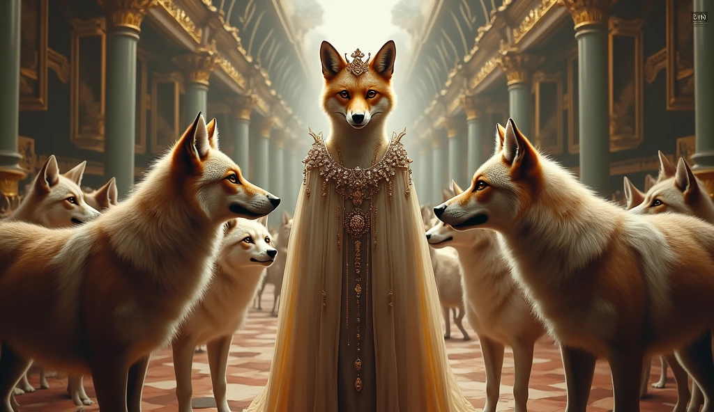 FOX AS QUEEN IN MUSEUM PICTURE WITH WOLVES AROUND ADMIRING HER