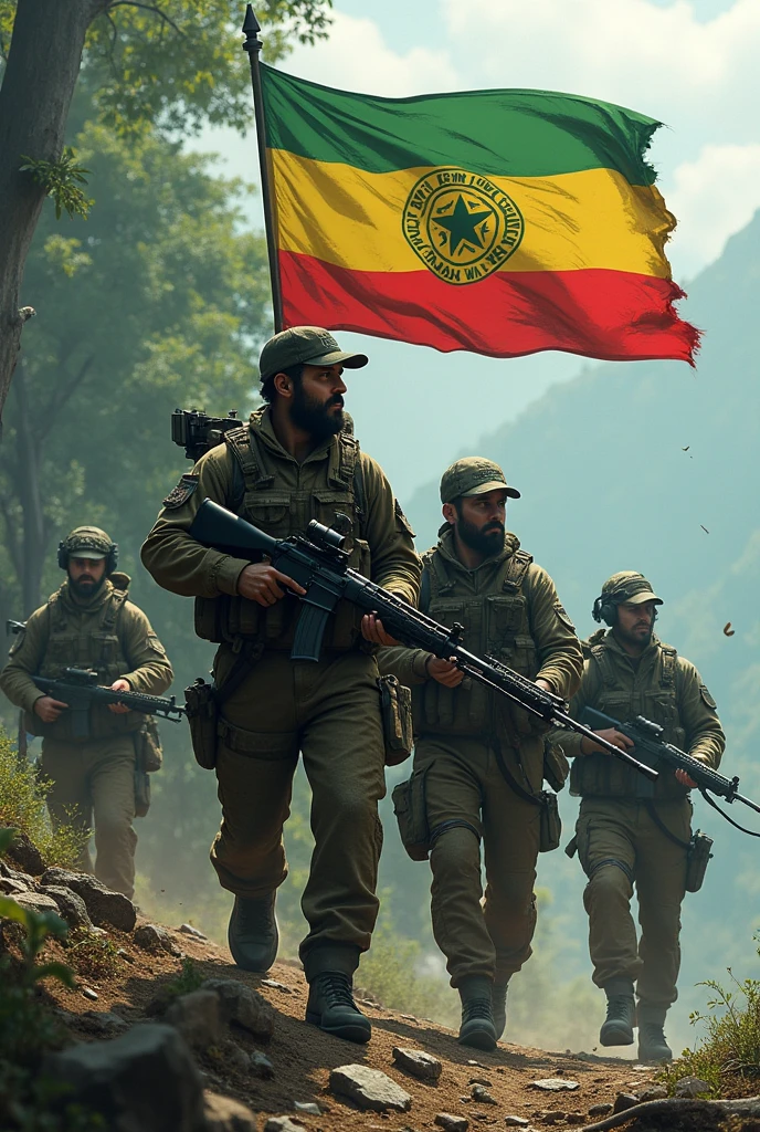 Guerilla fighters with green yellow and red color  logo and flag conservatively named in the middle of the flag write the name FANO,those guerrilla fighters scientists produce their own weapons like sniper,rocket Ak 47 and heavy weapons.