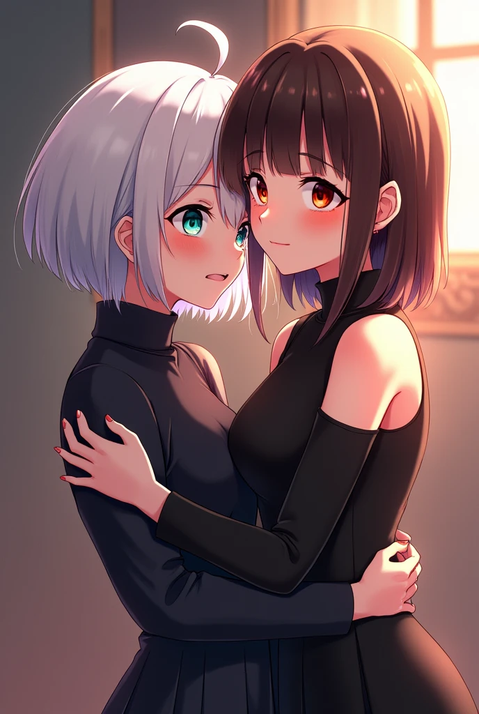 anime style, Two women hugging each other.
Woman 1: young adult, with the right eye blue and the left eye green, short white hair.
Woman 2: young adult, with the right eye red and the left eye yellow, narrow eyes, long hair and straight dark brown bangs, black elegant clothes.