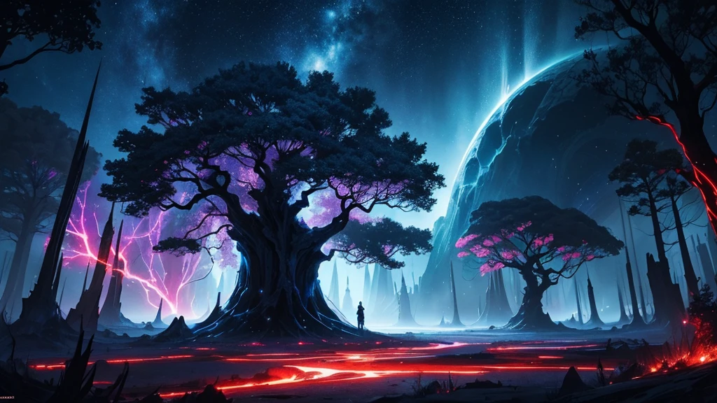  a arallax digital artwork with a fantasy theme. It features a large, dark, leafless tree in the center, with its branches extending across the image. The background is a vibrant mix of colors, primarily blues and reds, creating a cosmic or otherworldly atmosphere. There are bright, glowing areas that resemble stars or magical lights scattered throughout the scene. The left side of the image has vertical, pillar-like structures that add to the mystical feel. The overall composition is dynamic and visually striking, with a sense of depth and movement.